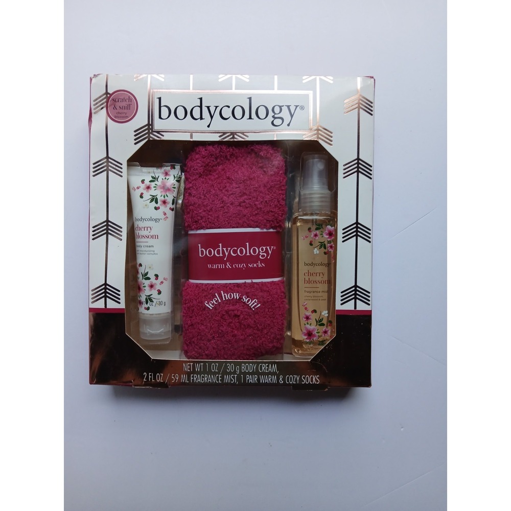 Bodycology Cherry Blossom Cozy Sock Set Body Cream Fragrance Mist 3pc Gift New